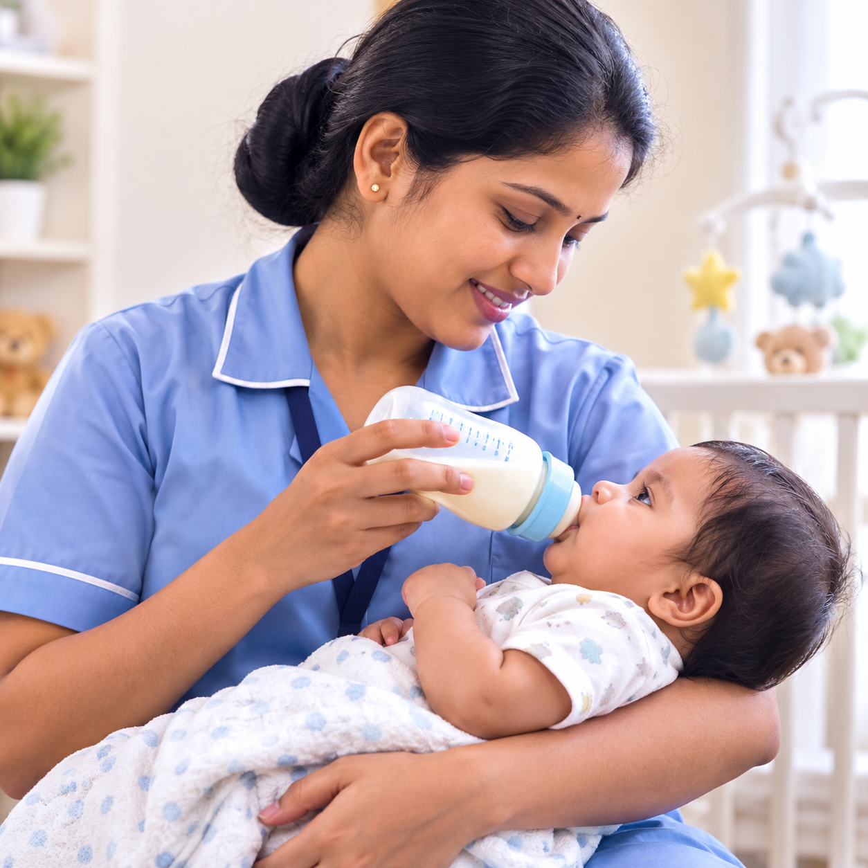 Caregiver feeding a newborn baby with a bottle