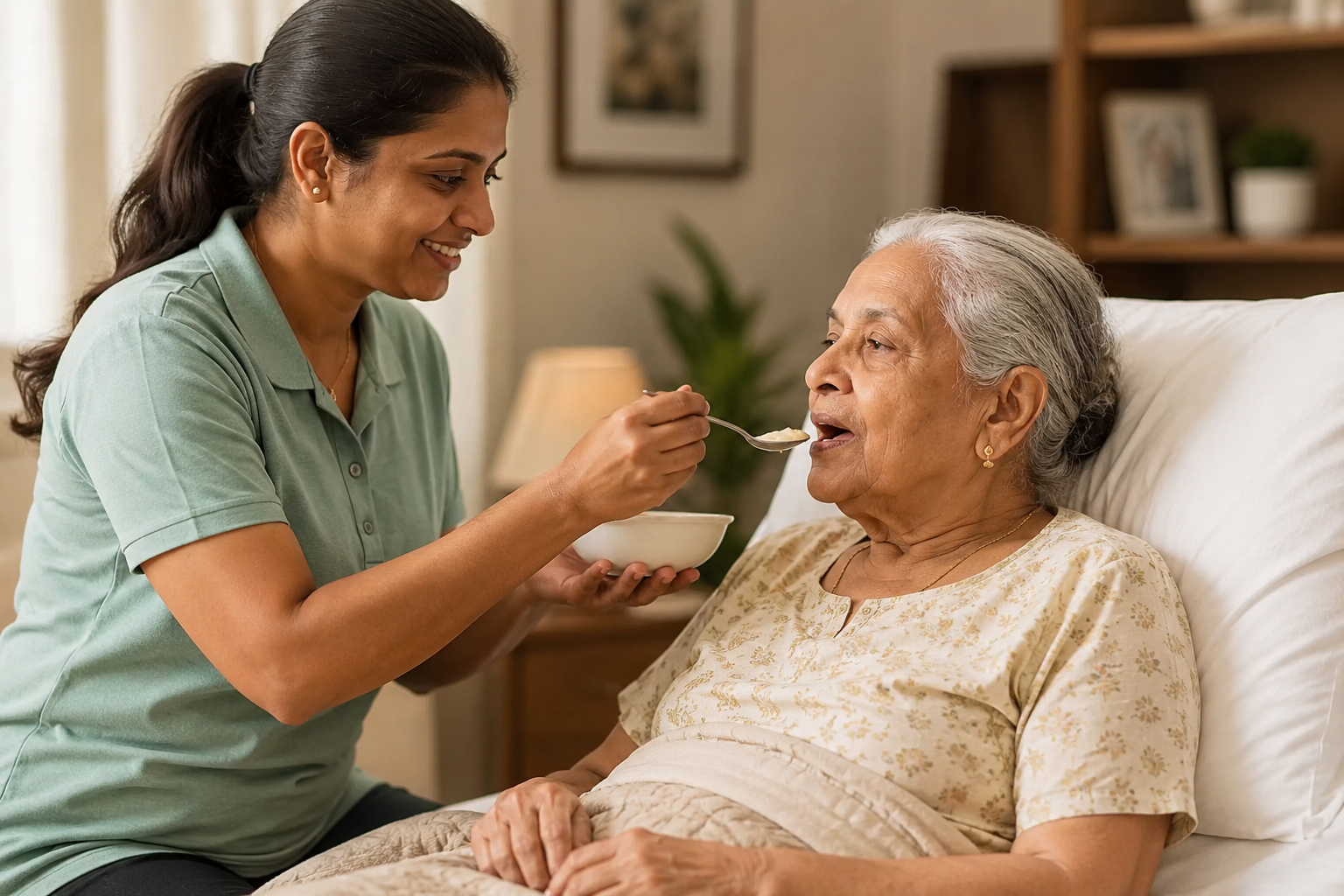 Caregiver feeding an elderly patient at home